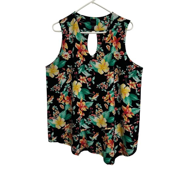 Rafaella Tops - Rafaella Womens Dark Floral Keyhole Back Asymmetric Hem Top 1X Dark Fairy Whimsy